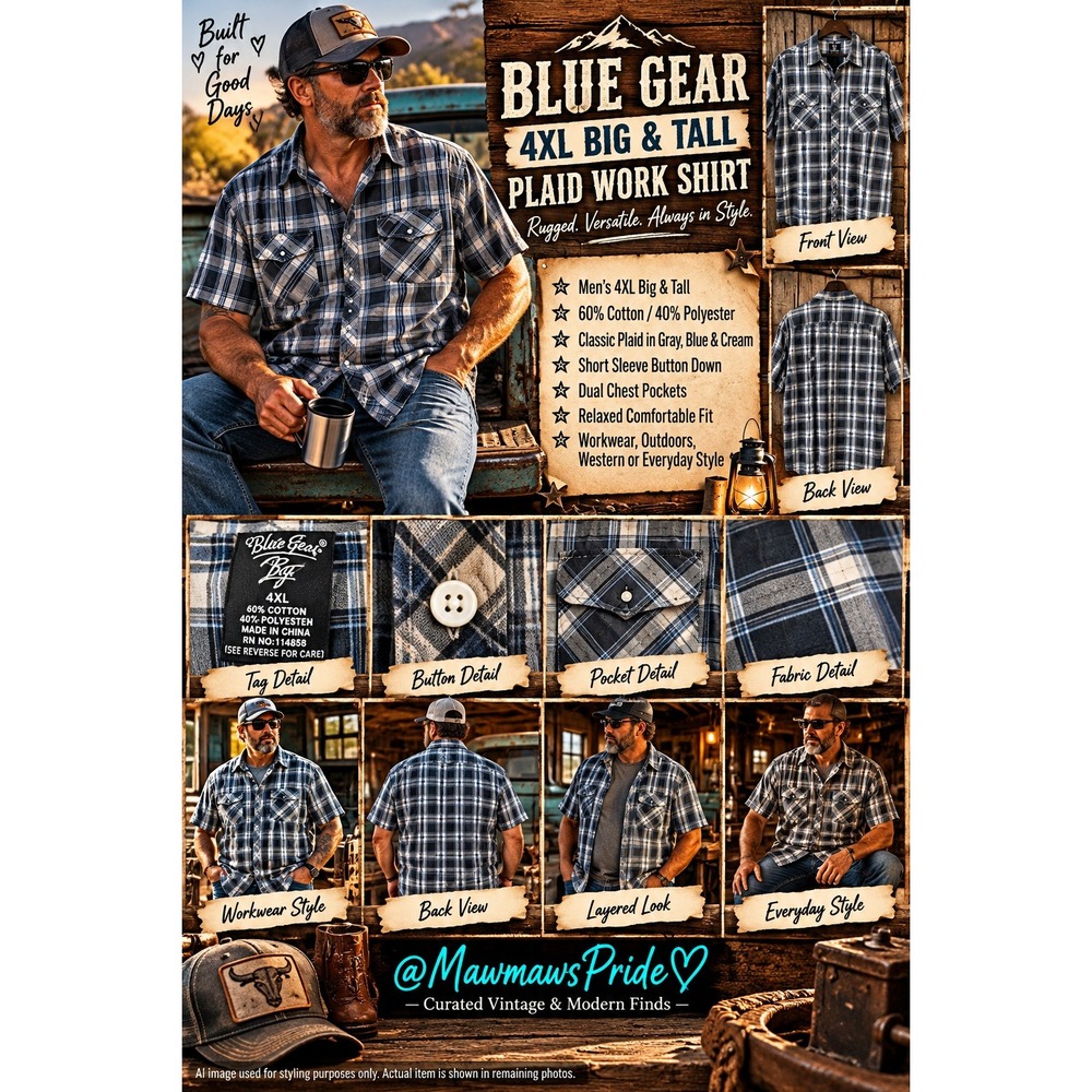 Blue Gear 4XL Plaid Work Shirt Big & Tall Blue Collar Gorpcore Grunge Western